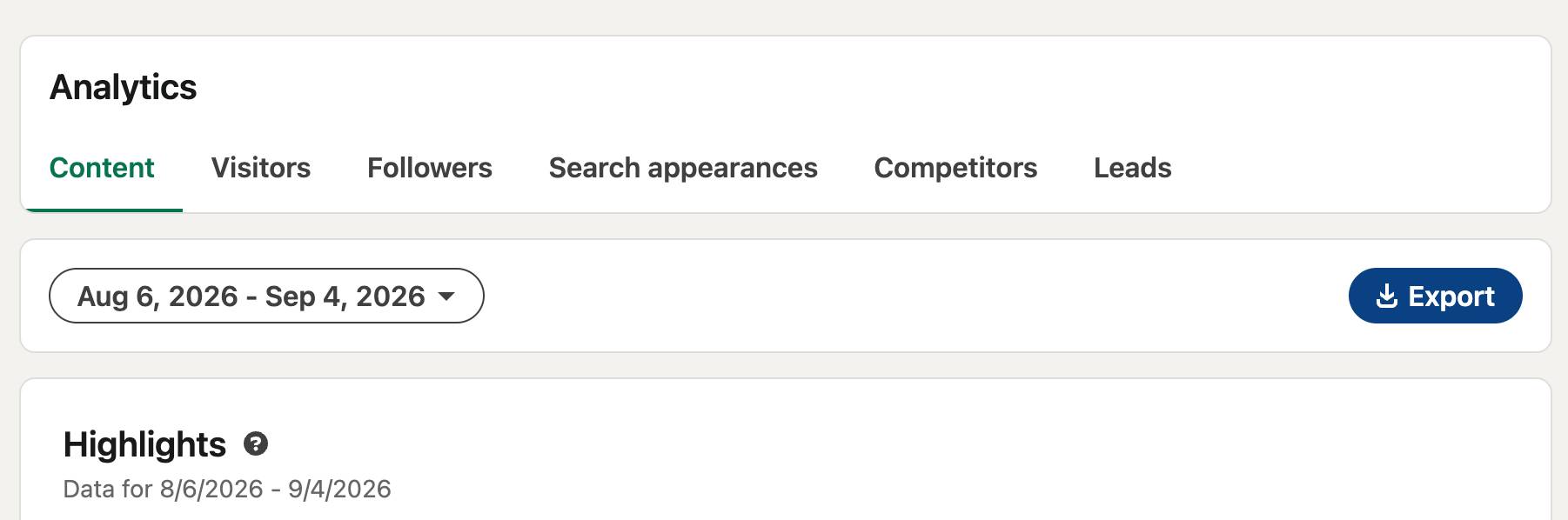 LinkedIn Analytics tabs with the Export button highlighted top right