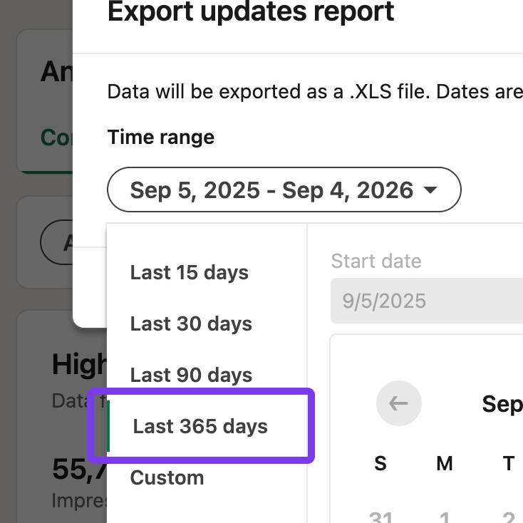 LinkedIn export time range dropdown with Last 365 days highlighted